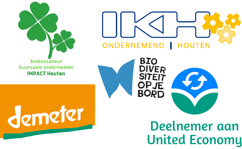 Logo Ambassadeur Duurzaam ondernemen IMPACT Houten, logo KH Ondernemend Houten, logo Demeter, logo United Economy